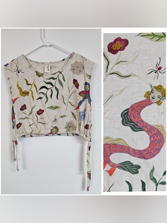 Eve Gravel Tops - Eve Gravel "Creatures In The Garden " Whimsical Insect Botanical Crop Top Linen
